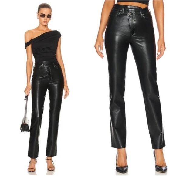 Agolde Criss Cross Black Leather Blend High Rise Straight Leg Pants 32